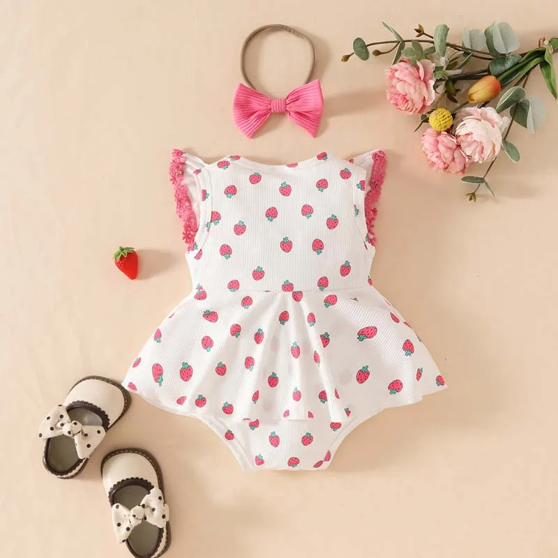 Baby Clothes Girl Romper Skirt Strawberries Printed Onesies Summer Sleeveless Sweetness One-piece Dress With Hairband 0-18Months