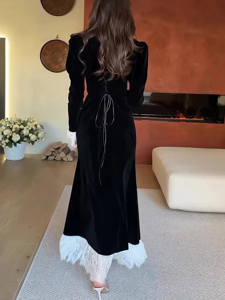 Elegantes Damen-Abschlussballkleid mit quadratischem Kragen, schmale Passform, 2026, neues Frühjahr, Samt-Robenkleid, sexy Spitze, Patchwork, langärmelig, Partykleid