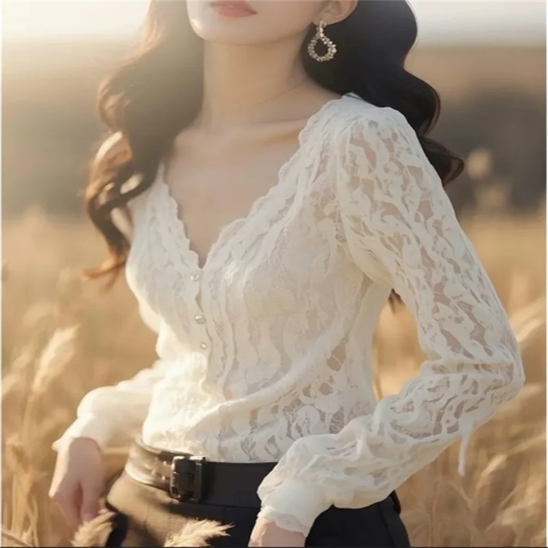 

Chic V-neck Shirt For Women High-end Thin Lace Blouse Hollowed-out Slightly Transparent Top Button Up Femme Blous Slim Shirts