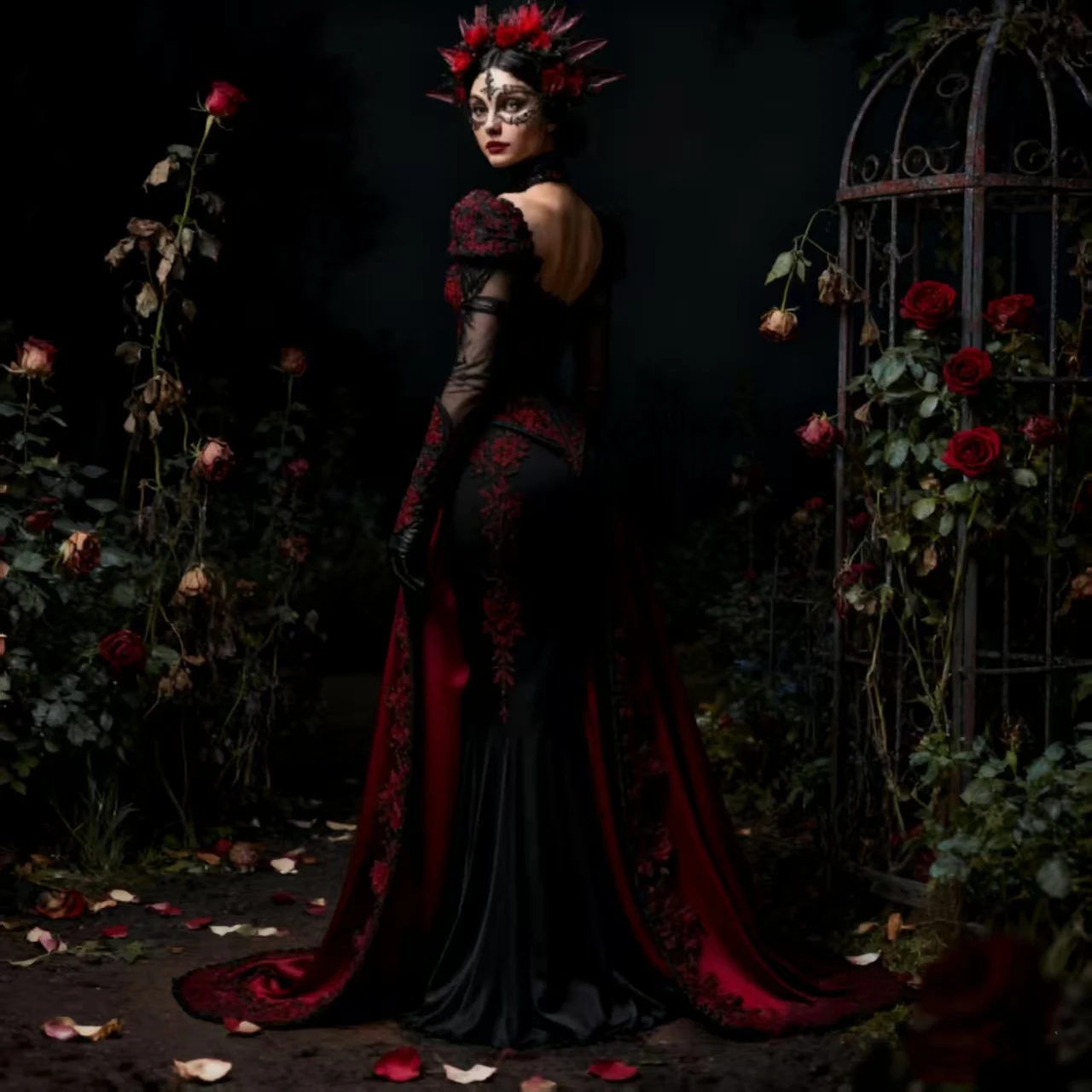 الأسود والأحمر مصاص دماء القوطية فستان الزفاف الدانتيل زين مشد طويل فستان تنكر كم كامل خمر فستان زفاف مخصص #3