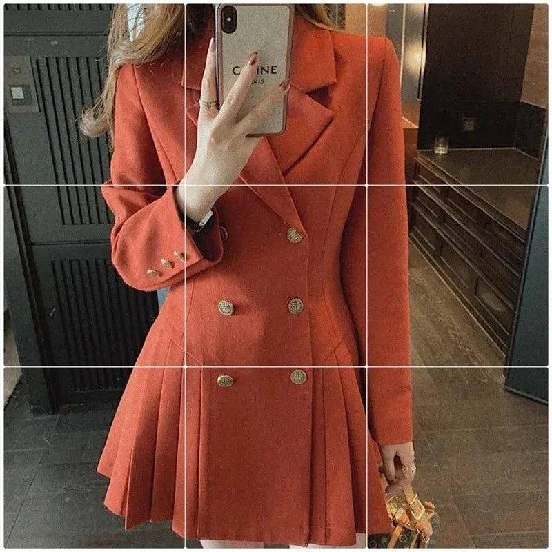 4XL Women\'s Fat mm Hepburn Double breasted Blazer Suit Dress Autumn and Winter Waist Shrinking Long Sleeve Pleated Dress Orange