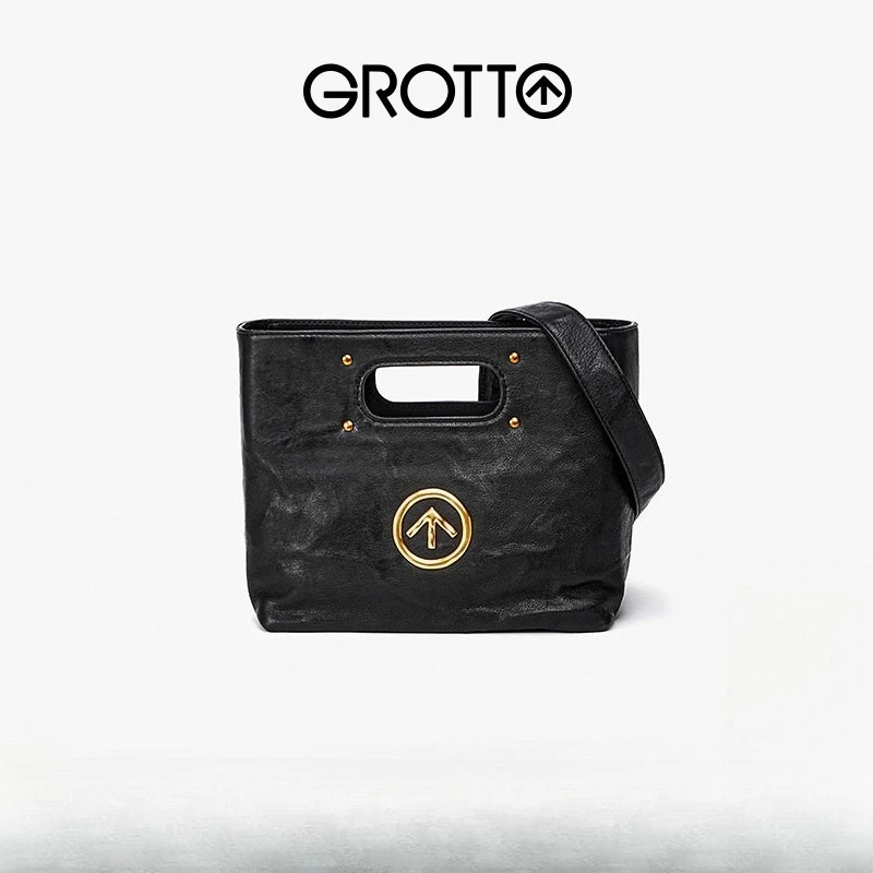 GROTTO Black Stone CARRY Small Italian Vegetable-Tanned Lambskin Handbag Crossbody Bag Portable and Simple