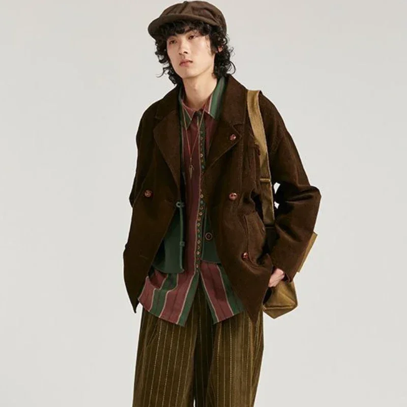 Spring Autumn Retro Corduroy Jacket Blazers Japanese Green Vintage Causal Loose High Street Jackets Men Tops Male Clothes