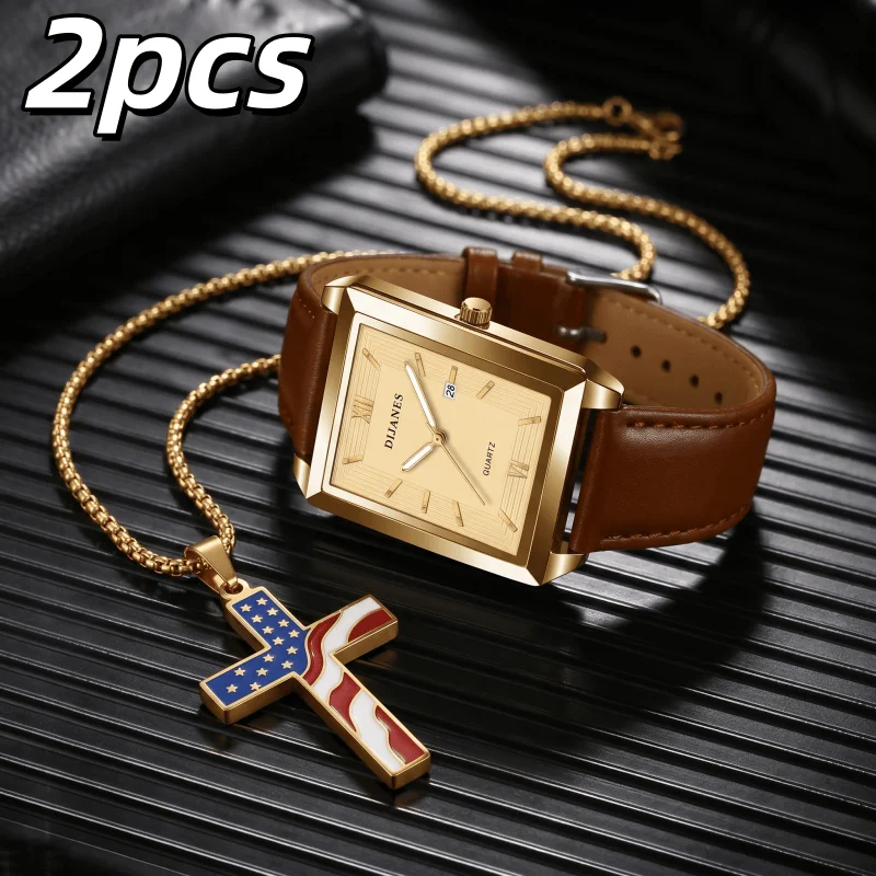 Relógio masculino de luxo com colar conjunto moda negócios preto marrom couro quartzo relógios pulso para homem presente relogio masculino