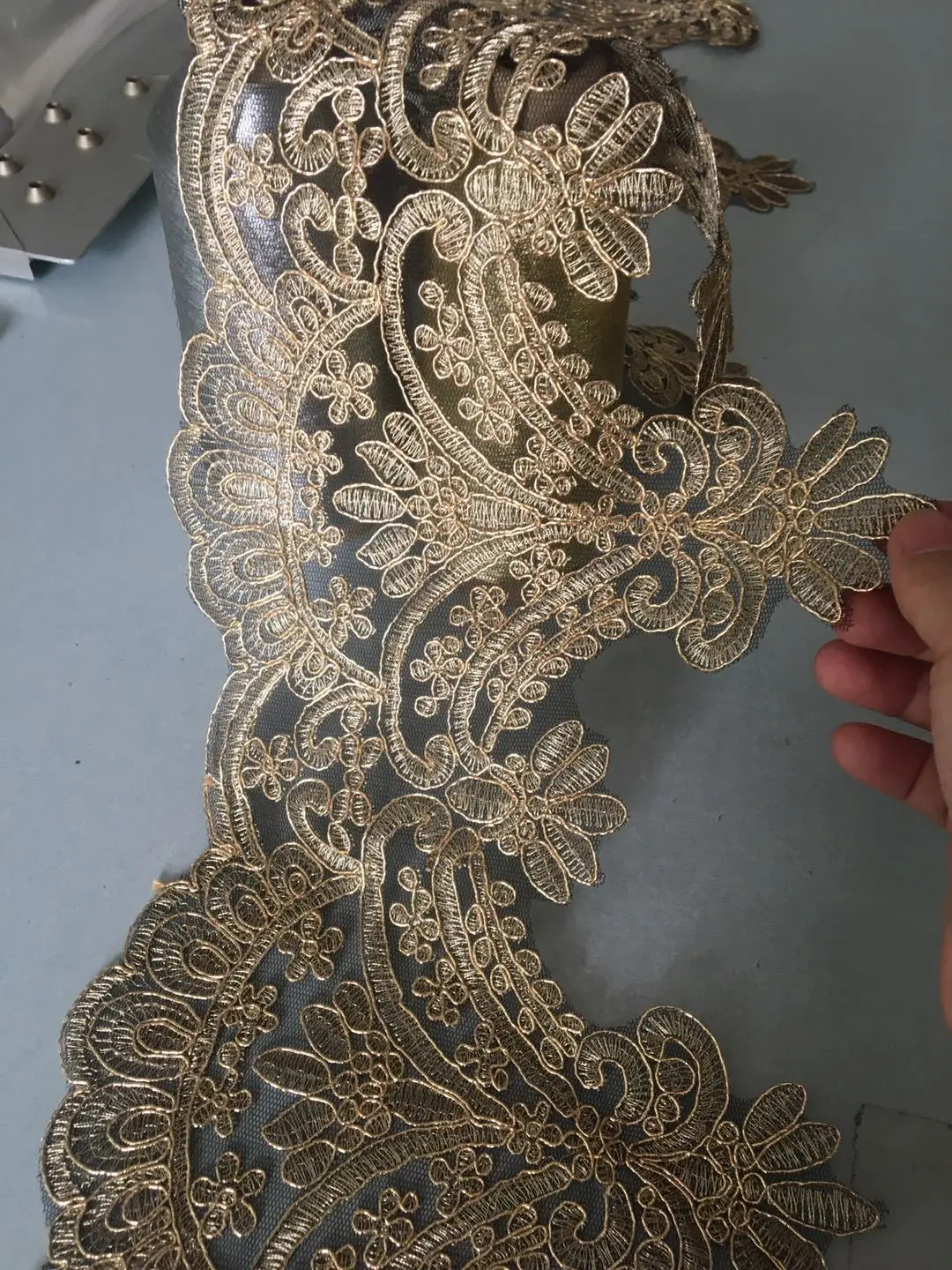 1Yard 20cm wide Hot Sale Light Gold Embroidery Black Mesh Lace Trim Luxury Light Gold Lace Fabric for Wedding Dresses