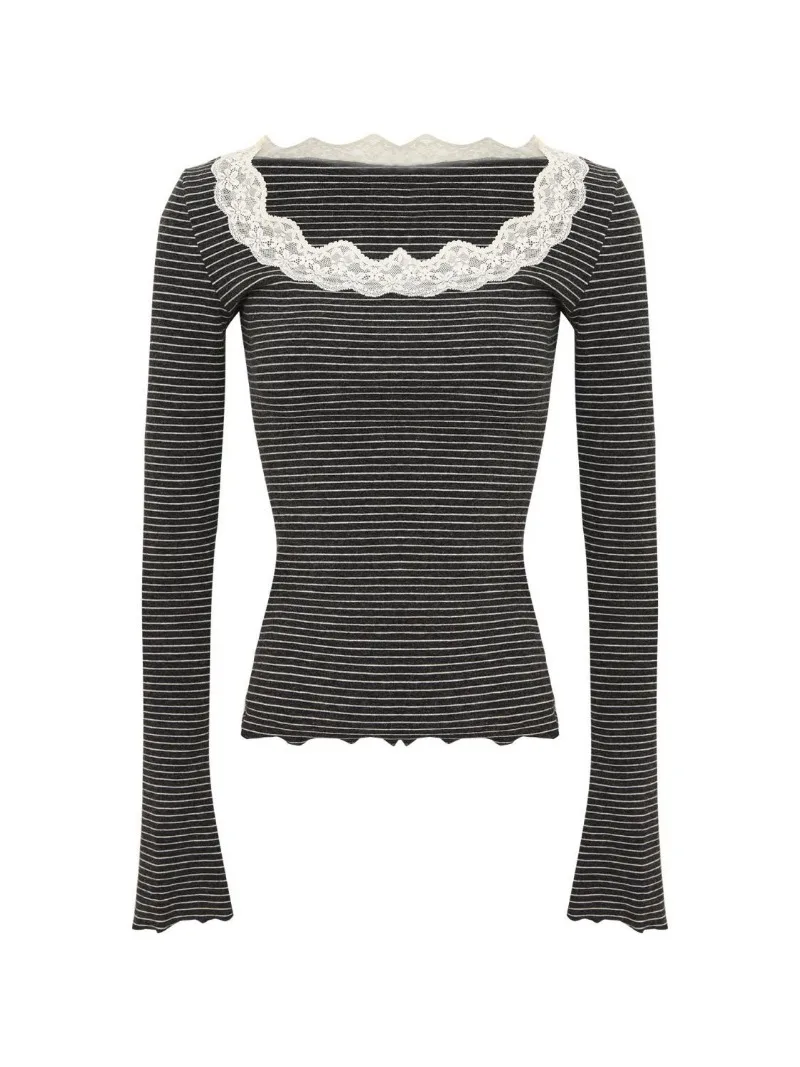 Kimotimo Korean Chic Lace Patchwork Stripe T-shirts Women Long Sleeve Slim Fit Base Tops Spicy Girl Y2k Aesthetic Casual Tees