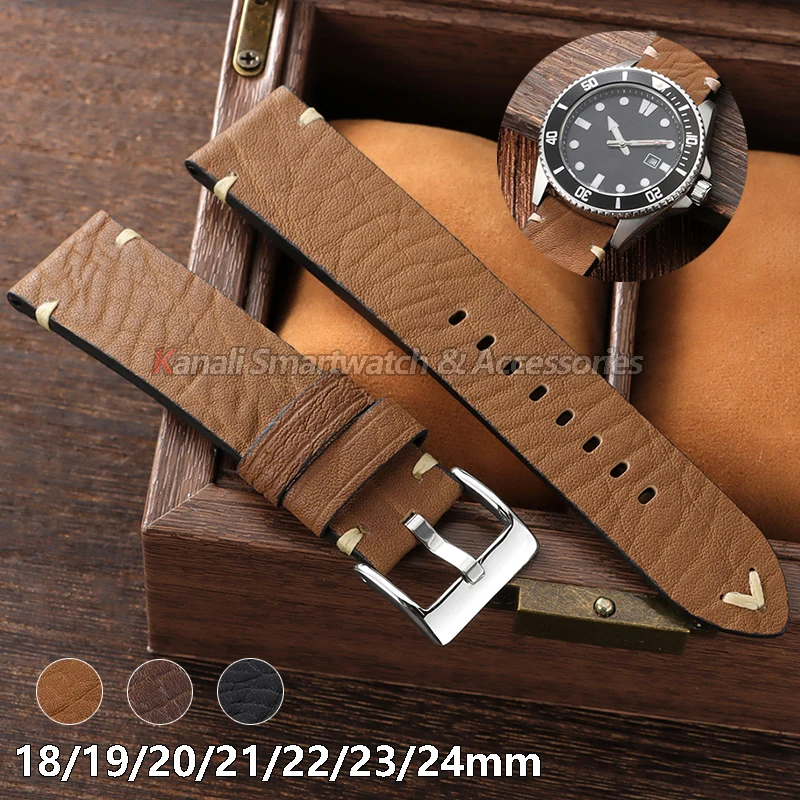 Bracelets de montre en cuir faits à la main, 18 mm, 19 mm, 20 mm, 21 mm, 22 mm, 23 mm, 24 mm, noir, marron, cuir de vachette vintage, bracelet universel