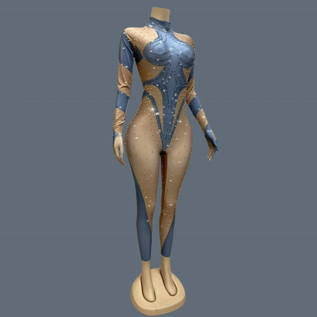 Sparkly Rhinestones Jumpsuit Gloves for Women Sexy Stretchy Performance Dance Costume Nightclub Jumpsuit Show Stage Wear Dudou