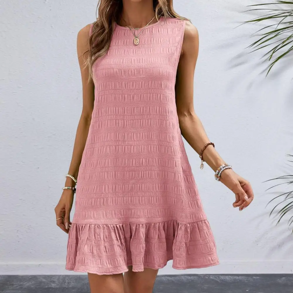 Women Dress Stylish Ruffle Dress for Women A-line Mini Dress with Pleated Hem Round Neck for Summer Dating Shopping Round Neck