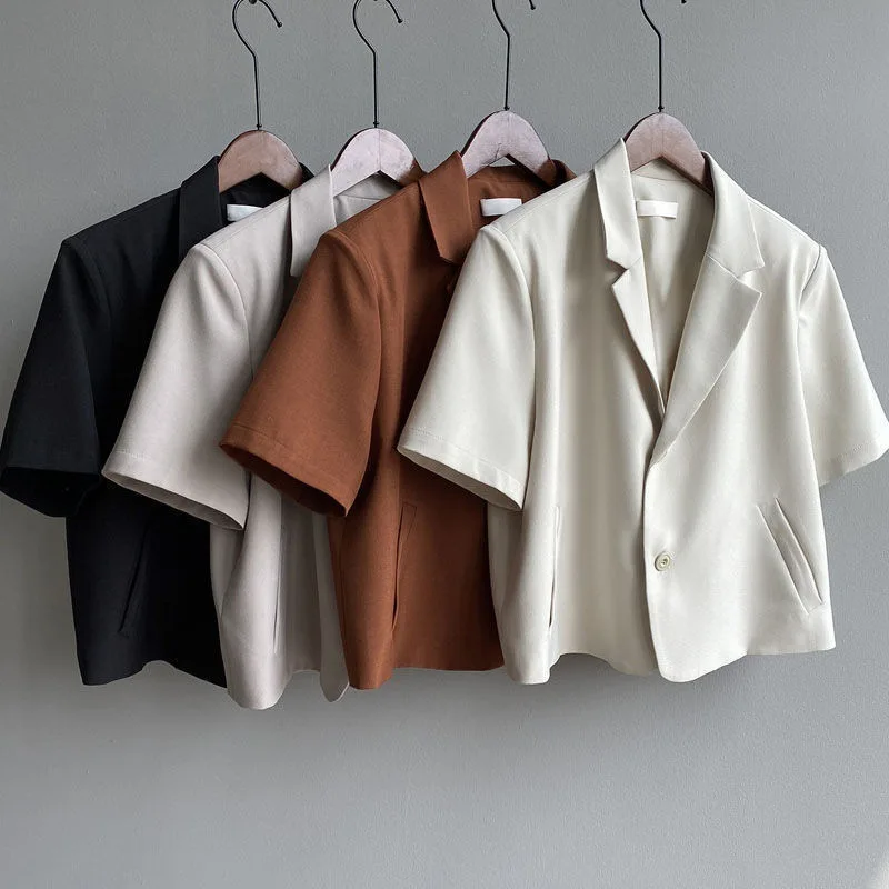 Elegant Casual Blazers Women Short Sleeve Loose  Suit Coat Tops Korean Summer Fashion Solid Sweet Simple Blazers New