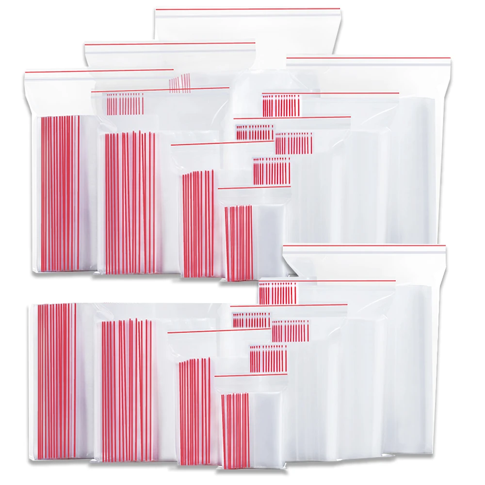 100PCS 0.06MM Thickness Zip Lock Plastic Bag Reclosable Transparent Bag with Red Edge Resealable Self Sealing Zipper Clear Bag