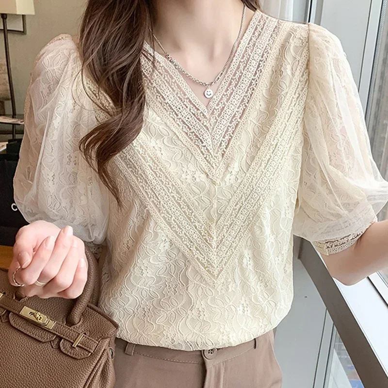 

Summer Women V-Neck Apricot Lace Blouse Shirt Women Tops Short Sleeve Blouse Women Blusas Mujer De Moda Blouses Shirts V1188