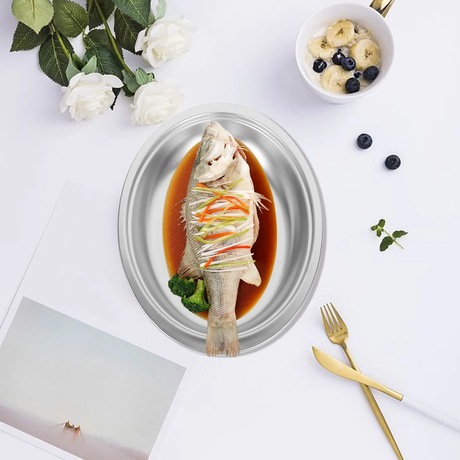 Stainless Steel Fish Steaming Plate Oval Shape Fine Workmanship Suitable for Family Reunions Parties Birthday Bbq Food Serving