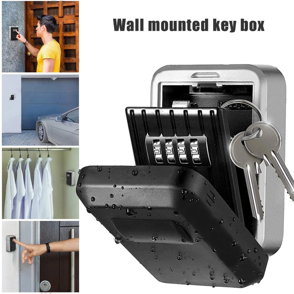 Wall Mounted Metal Alloy Key Lock Box Key Safe Box Weatherproof 4 Digit Combination Key Storage Security Lock Box Indoor Outdoor