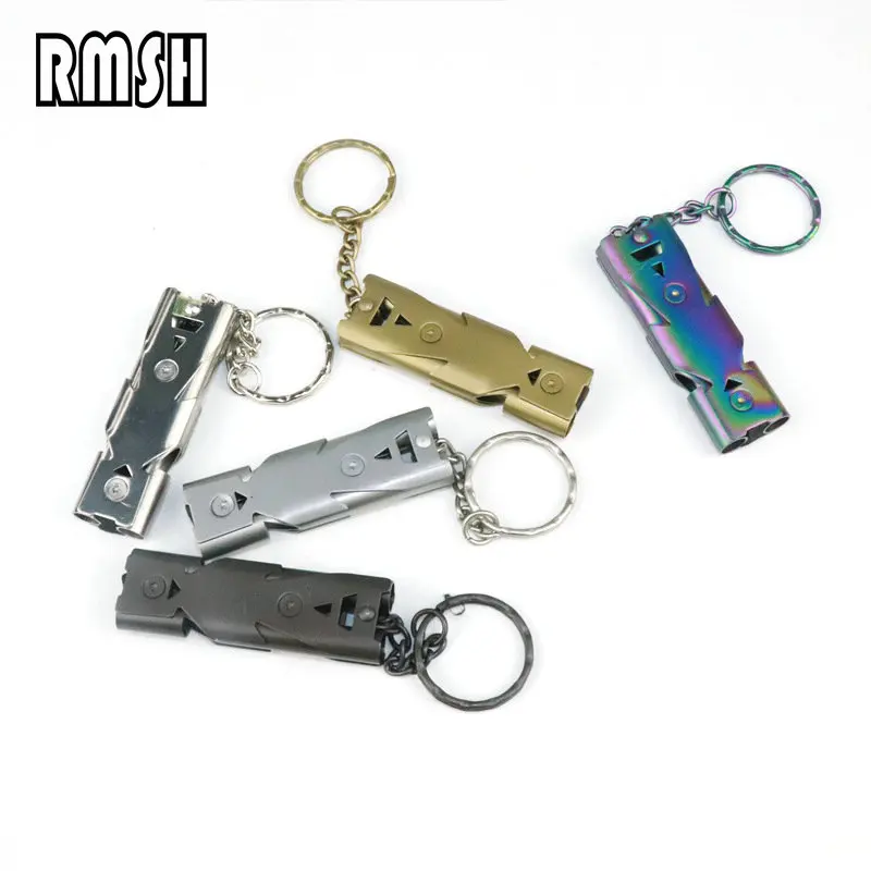 Multifunctional Double Tube Survival Whistle Portable Stainless Steel Keychain Outdoor Tools Training Whistle for Camping Hiking