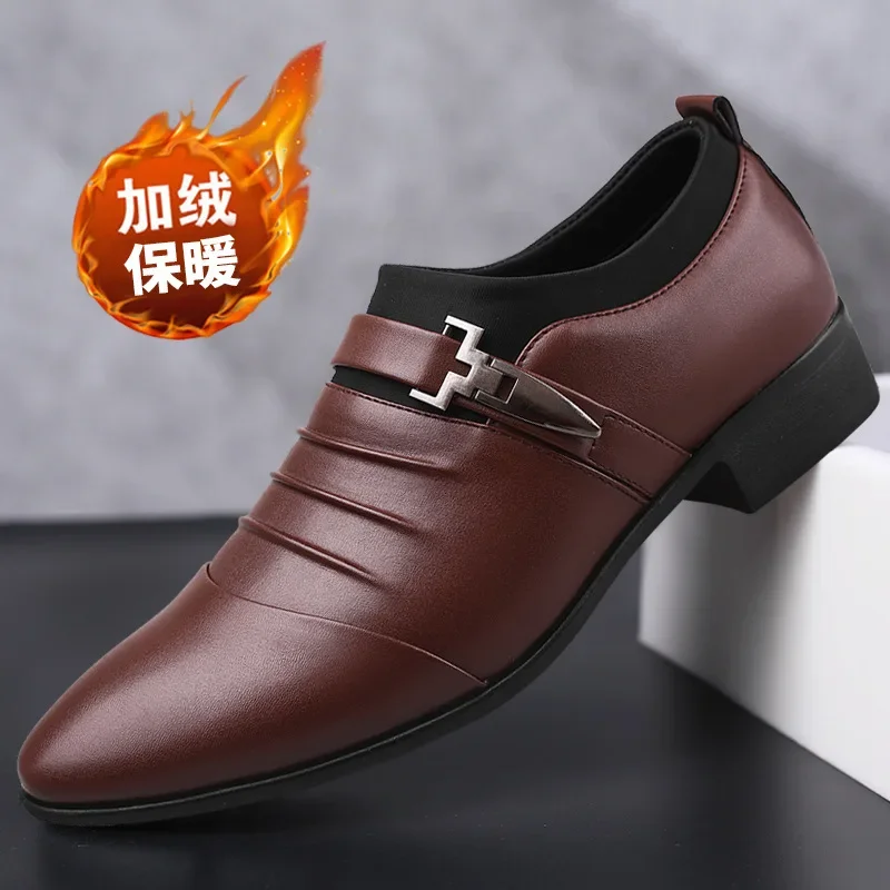 Chaussures en cuir d'affaires classiques pour hommes, plus velours, chaud, point Parker, noir, homme élégant, mariage, hiver