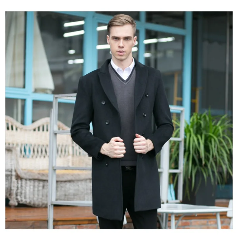 Men Double Breasted Wool Blend Coat Slim Notched Lapel Mid Length Overcoat Solid Black Business Formal Outerwear Autumn Winter