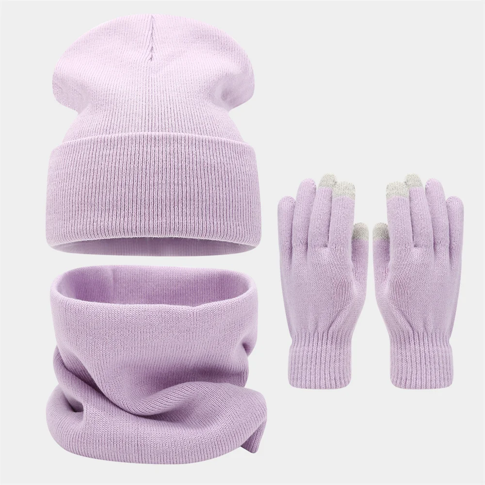 New Fashion Adult Winter Outfit Solid-color Beanie Hat Scarf And Gloves Sets Outdoor Warm Knitted Hat Set