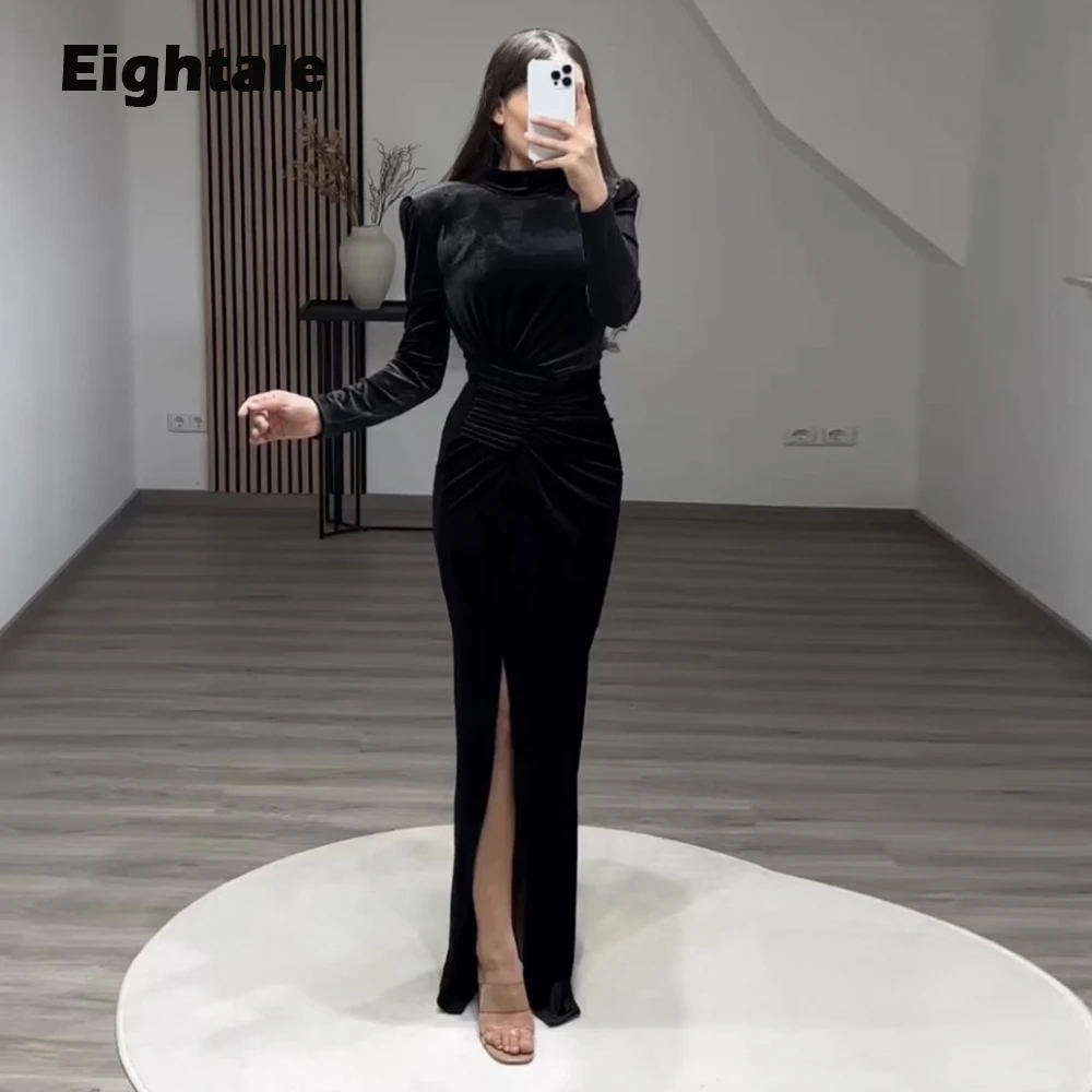 

Eightale Formal Occasion Evening Dress for Wedding Party Velvet Long Sleeves High Neck Floor Length Mermaid Arabic Prom Gowns