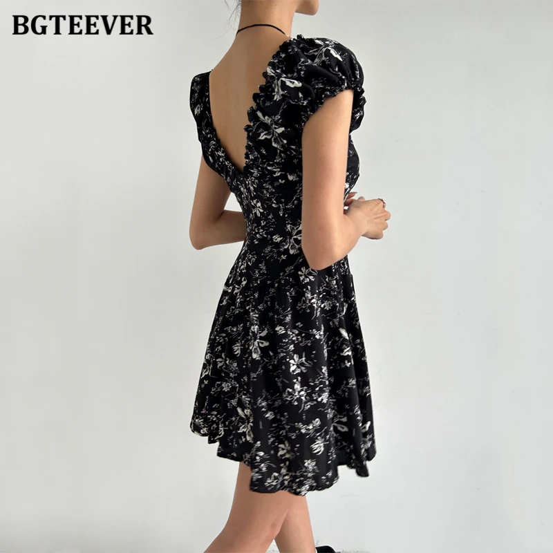 BGTEEVER-Vestido floral elegante com decote em v para mulheres, cintura fina, manga curta, vestido feminino feminino para senhoras de verão