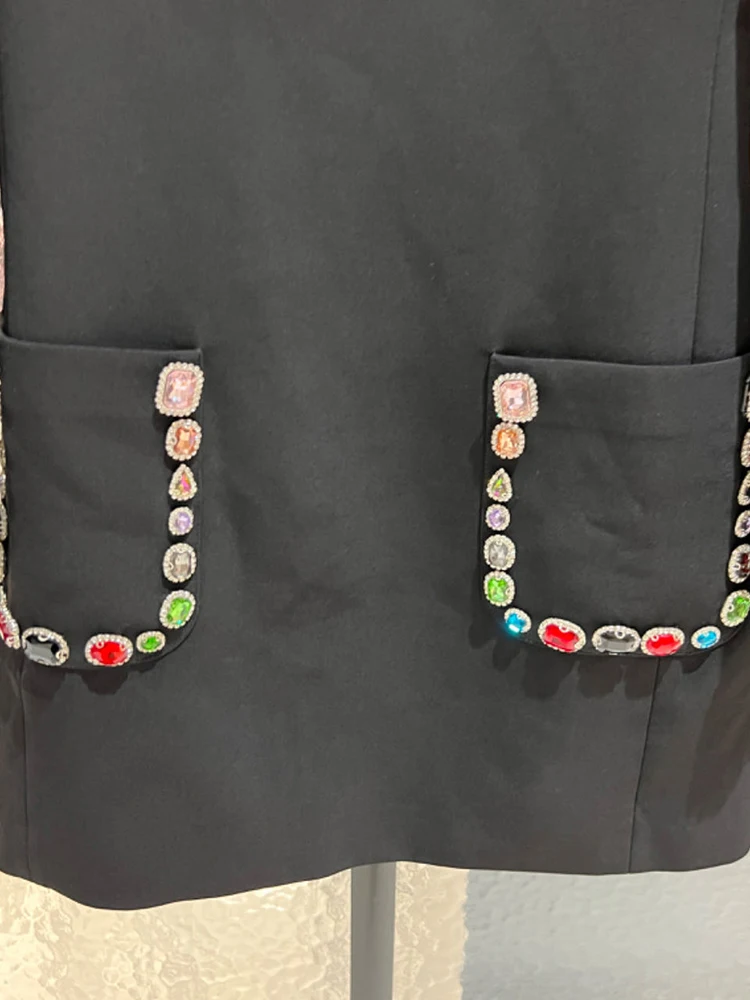 GALCAUR Patchwork Diamonds Slimming Dresses For Women Stand Collar Long Sleeve High Waist Elegant Hit Color Bodycon Dress Female