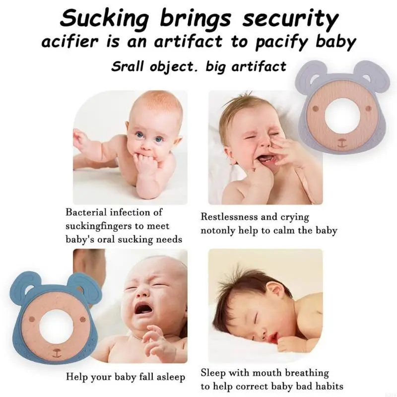 

E06F Baby Silicone Teether Beads Cartoon Animal Bear for Head Wooden Ring Rattle Nursing Teething Chewing Toy Molar Soother BPA