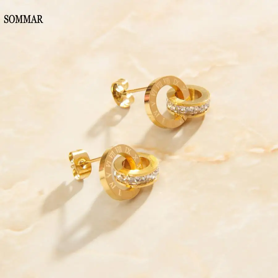 SOMMAR Vintage Love 18KGP Gold plated Lady stud earrings Double Ring Roman Numeral Zircon Stud Earrings women earrings jewelry