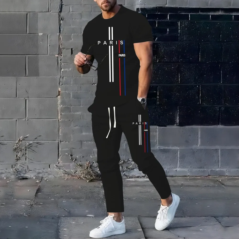 Men's New Fashionable Stripe Printed Micro Elastic Trendy Breathable Round Neck T-shirt Pants Set Outdoor Urban Casual Clothing