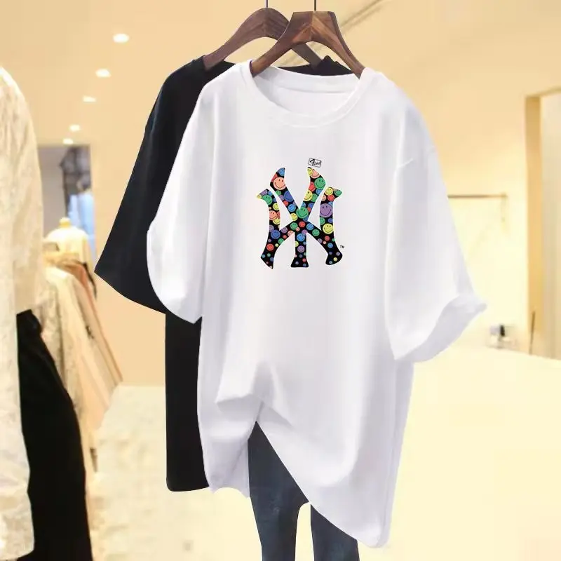 

Women Clothing 100% Cotton Letter Printed Short Sleeve Top Tee Summer Vintage O-neck Casual Loose T-shirt