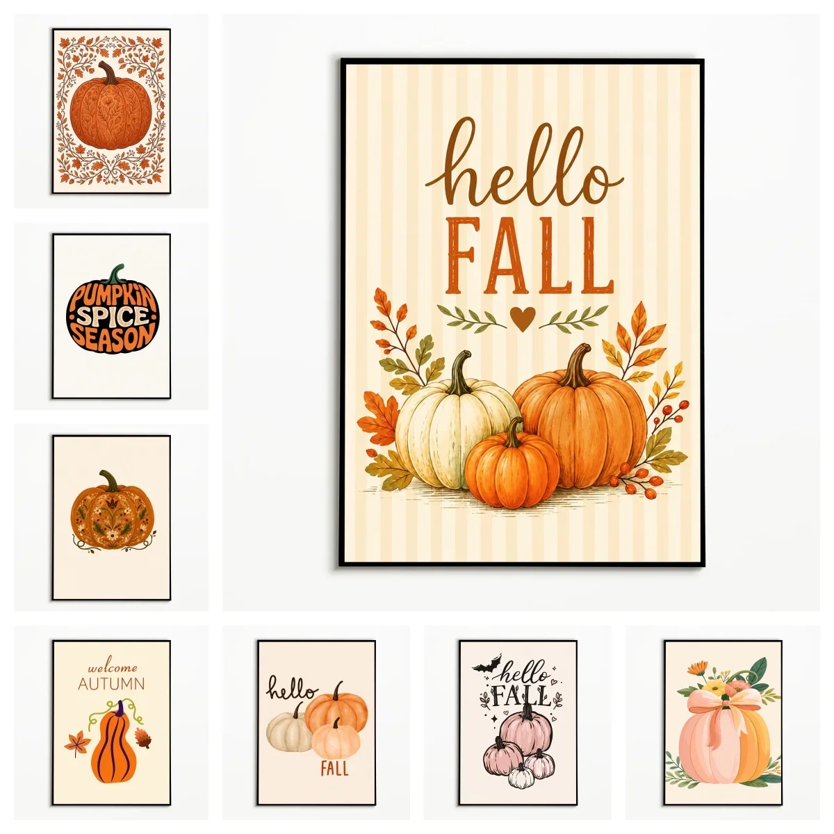 Frameless canvas paintings,1PC Hello Fall Pumpkin Art Poster Thanksgiving Day Wall Art  Halloween Canvas Printing Holiday Gift R