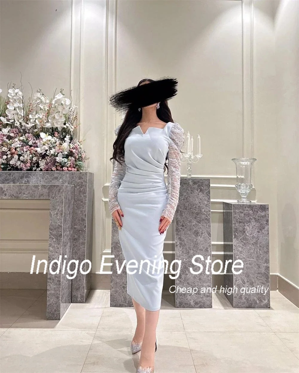 Indigo Evening Dresses Square Neck Beads Full Sleeves Tea-Length Formal Occasion Party Dress Women فستان حفلات الزفاف Customized