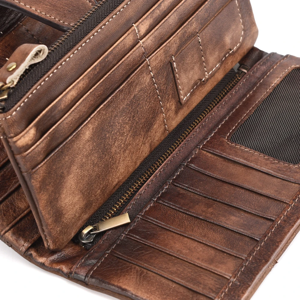 GAGACIA Vintage Ladies Cowhide Purse Oil Wax Long Multi-card Wallet For Male Genuine Leather For Women Color The Wallet By Hand
