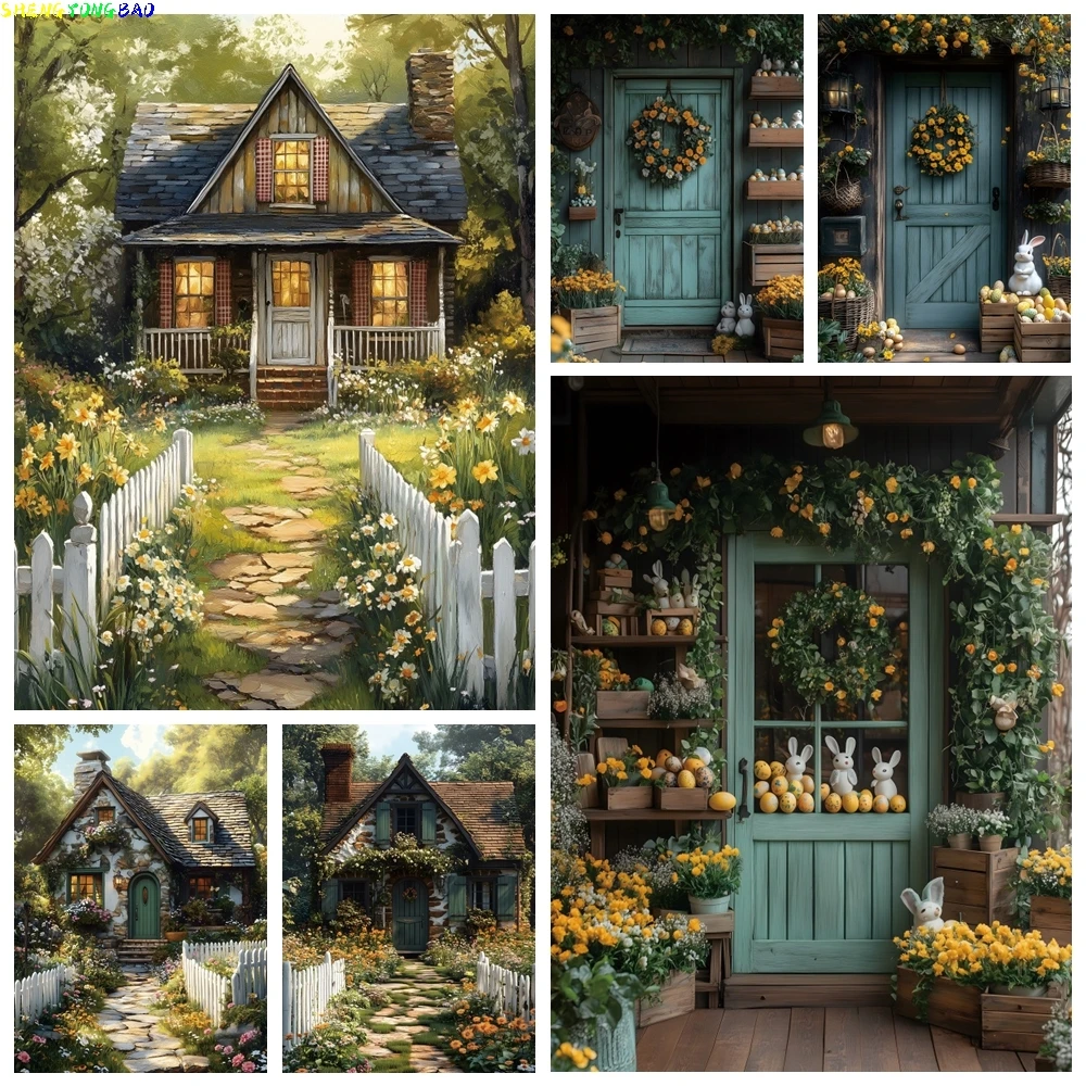 Spring Easter Photography Backdrop Vintage Wooden House Rabbit Bunny Eggs Kids Portrait Birthday Party Decor Photo Background