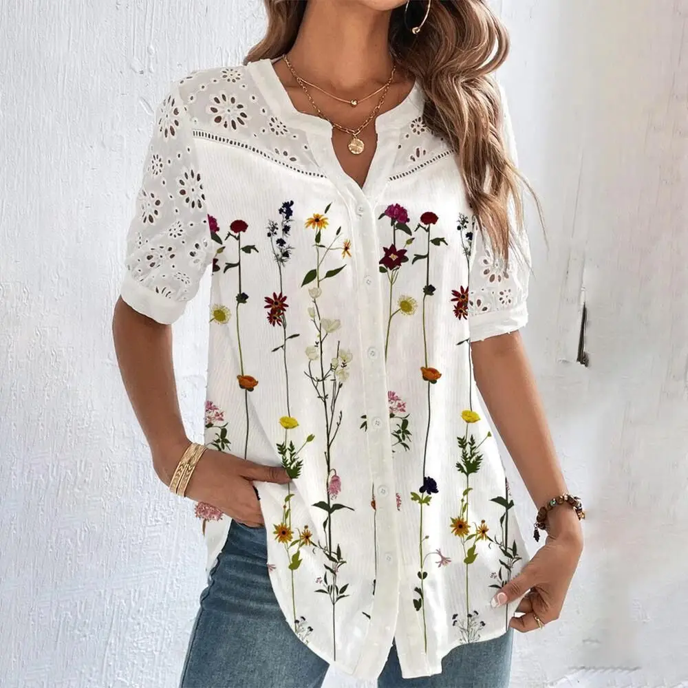 Temperament Casual Lace Woman Shirt Fashion Loose Shirt Woman Elegant Short Sleeve Woman Shirt Holiday Weekend Top