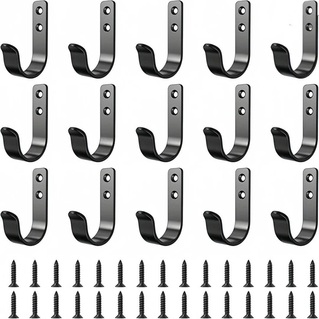 15-Pack Black Metal Wall Hooks, Heavy Duty Coat Hooks Wall Mounted for Hanging, Screw in Hooks for Towel, Clothing, Robe, Single Hooks for Organization in Bathroom, Entryway, Garage