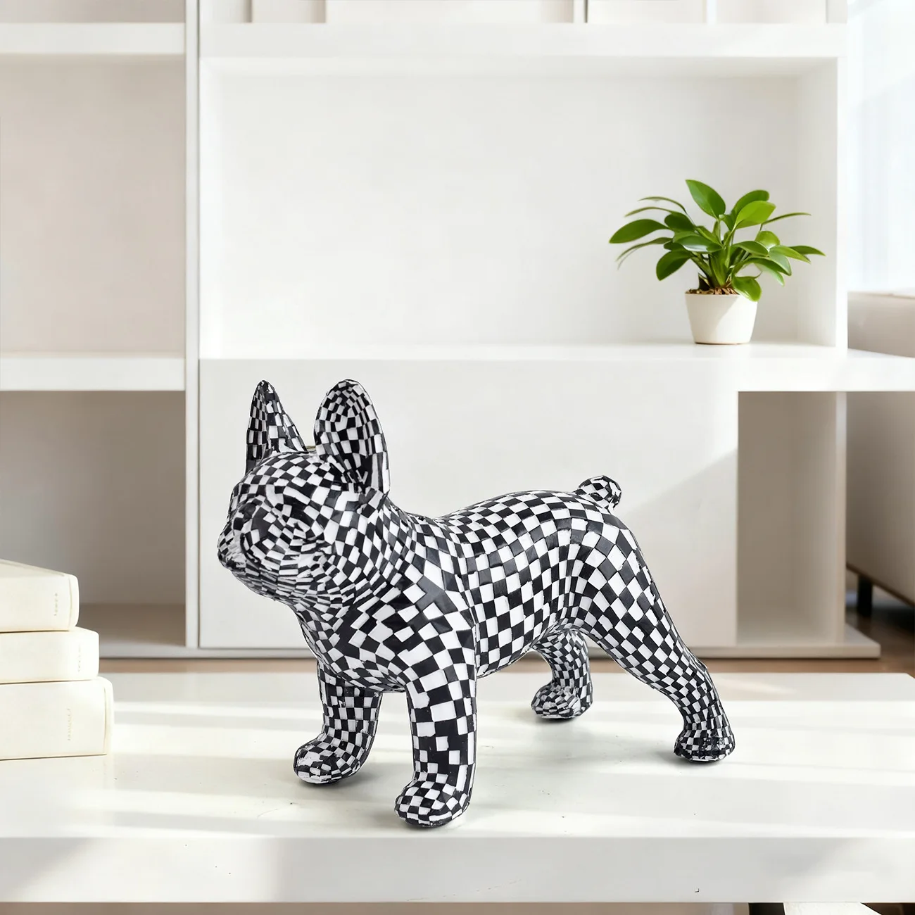Modern Abstract Checkered Mosaic French Bulldog Statue Tabletop Home Decor Ornament For Living Room Bedroom Wine Cabinet Desktop