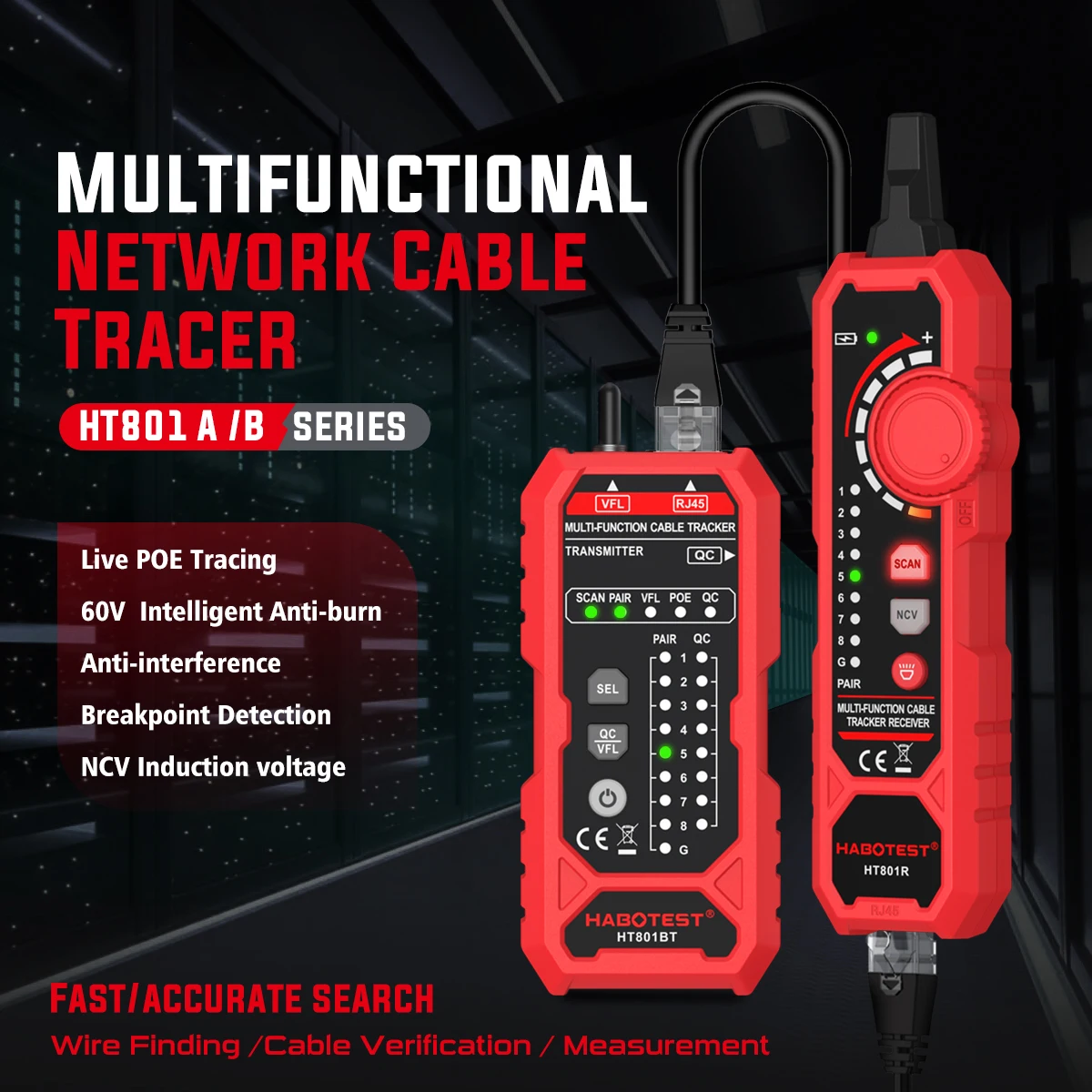 

HT801A/B Intelligent Anti-Burn 60V Network Cable Tester RJ45 RJ11 LAN Cable Tester Finder Wire Tracker Receiver Networking Tool
