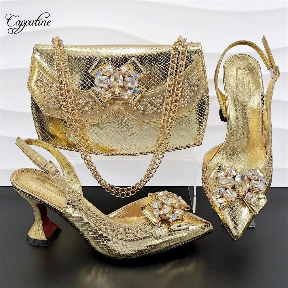 

Gold Women Shoes And Bag Set African Ladies Pumps Match With Handbag High Heels Sandals Clutch Sandales Escarpins Femme MM1150