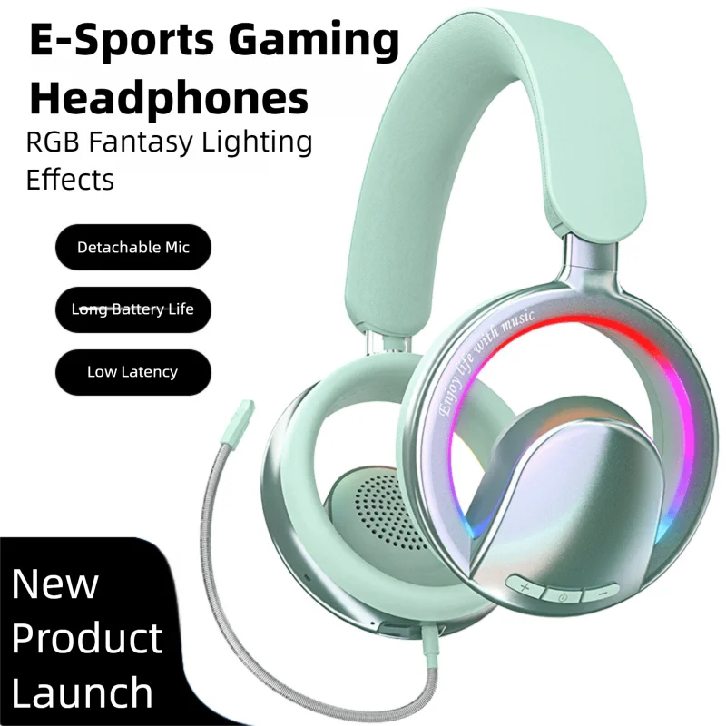 

Openwork Design Esport Wireless Bluetooth Headphones RGB Lighting Detachable Mic Headset Long Battery Life For PC Game Music