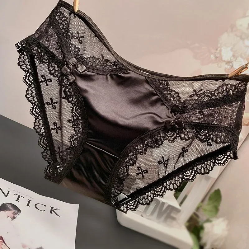 Bragas de encaje dulce con lazo hueco para niña de estilo japonés, entrepierna de algodón puro transparente, bragas finas sexis, ropa interior de cintura media