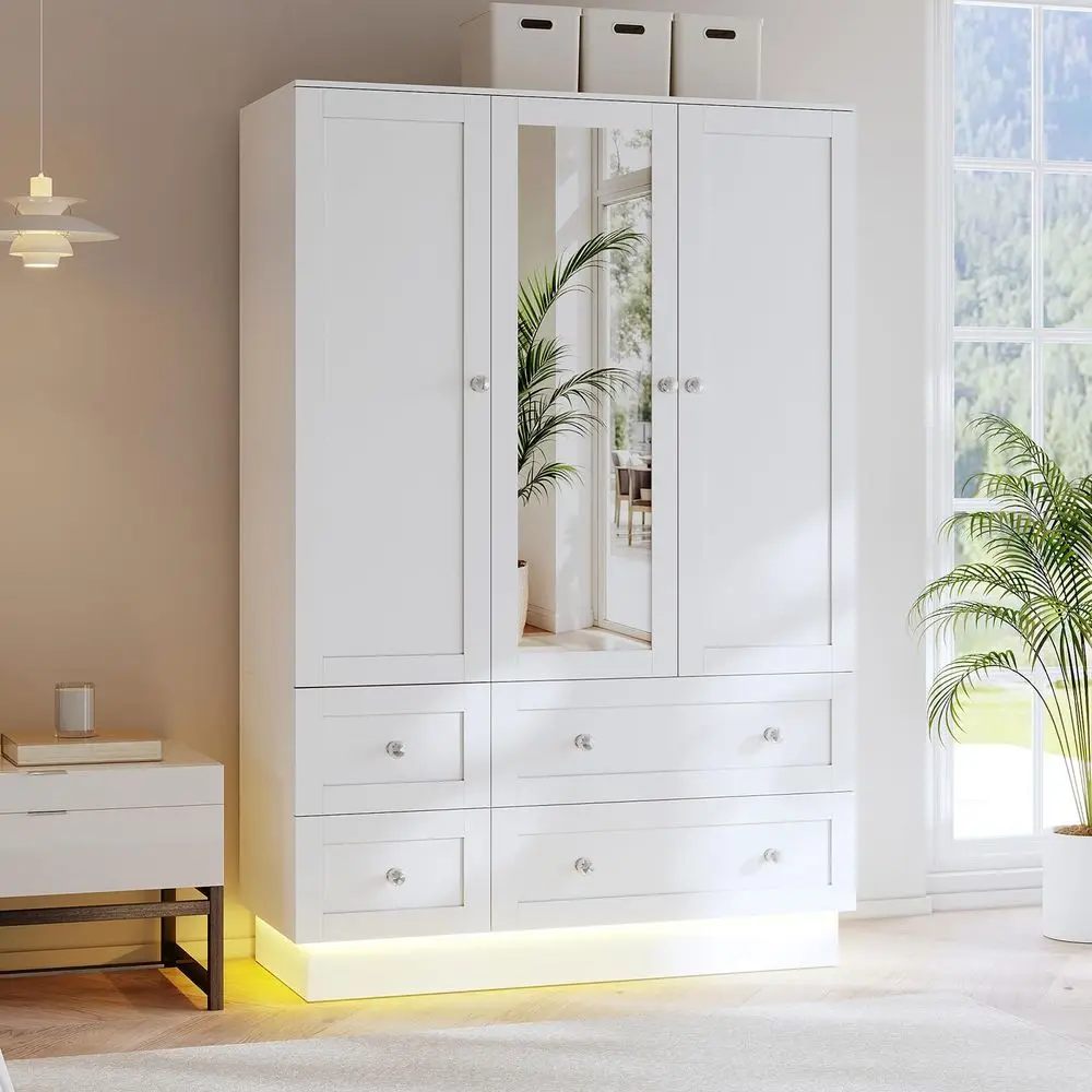 

Armoire Wardrobe Closet with 3 Drawers and LED Light 72 Wooden Bedroom Armoire with 2 Doors and Retro Ceramic Door Handles Mode