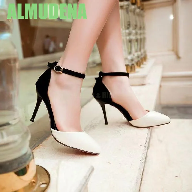 

Black and White Color Blocked High Heels Minimalist Feminine Style Ankle Buckle Strap Slim High Heels Pointed Slender High Heels