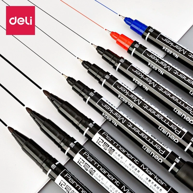 Deli-Waterproof Dual Tip Permanent Markers, Art Marker Canetas para a Escola, Escritório Papelaria, Preto, Fine Point, 0.5mm, 1.0mm Nib, 1 Pc, 3Pcs