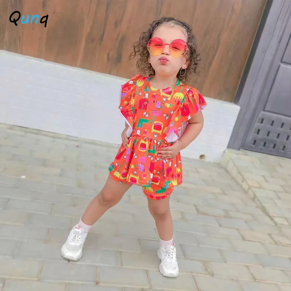 Qunq 2023 Summer Ins New Girls Fashion Cartoon Print Falbala Pullover Top + Shorts 2 Pieces Set Casual Kids Clothes Age 3T-8T