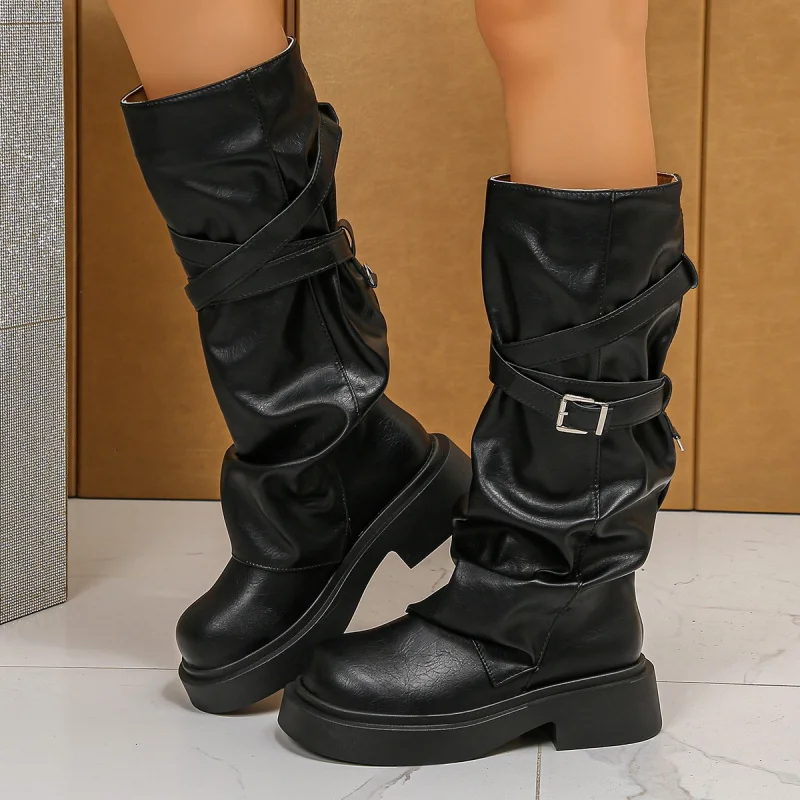 

French Style Round Toe Chunky Heel 2025 Autumn Winter New High Tube Slimming Slip-On Pile Belt Buckle Riding Trouser Boots