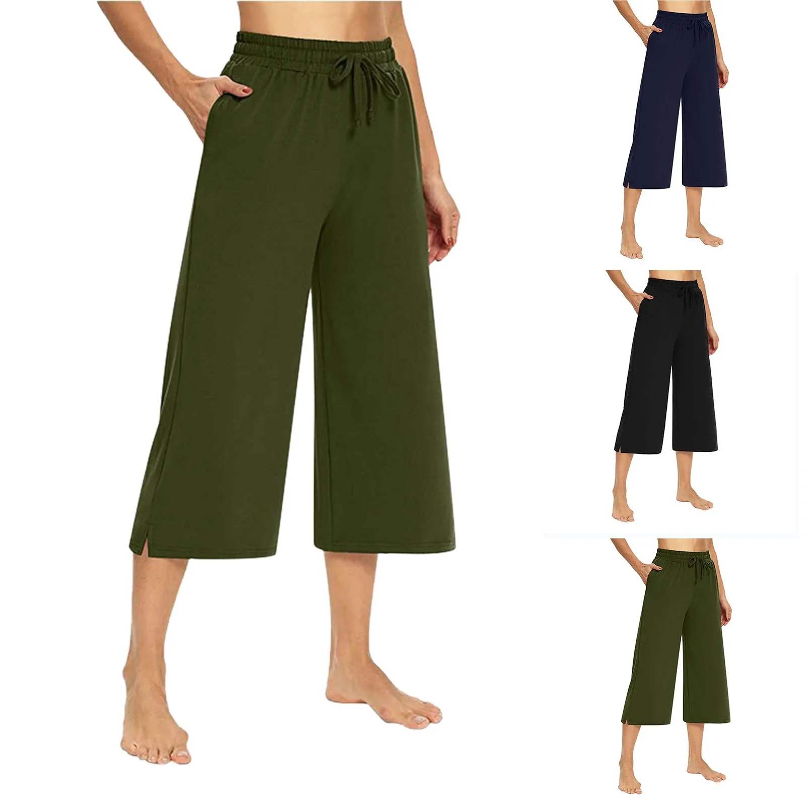 Pantalones recortados de pierna ancha para mujer, ropa de calle de Color sólido, bolsillos con cordón suave, cintura elástica, Verano