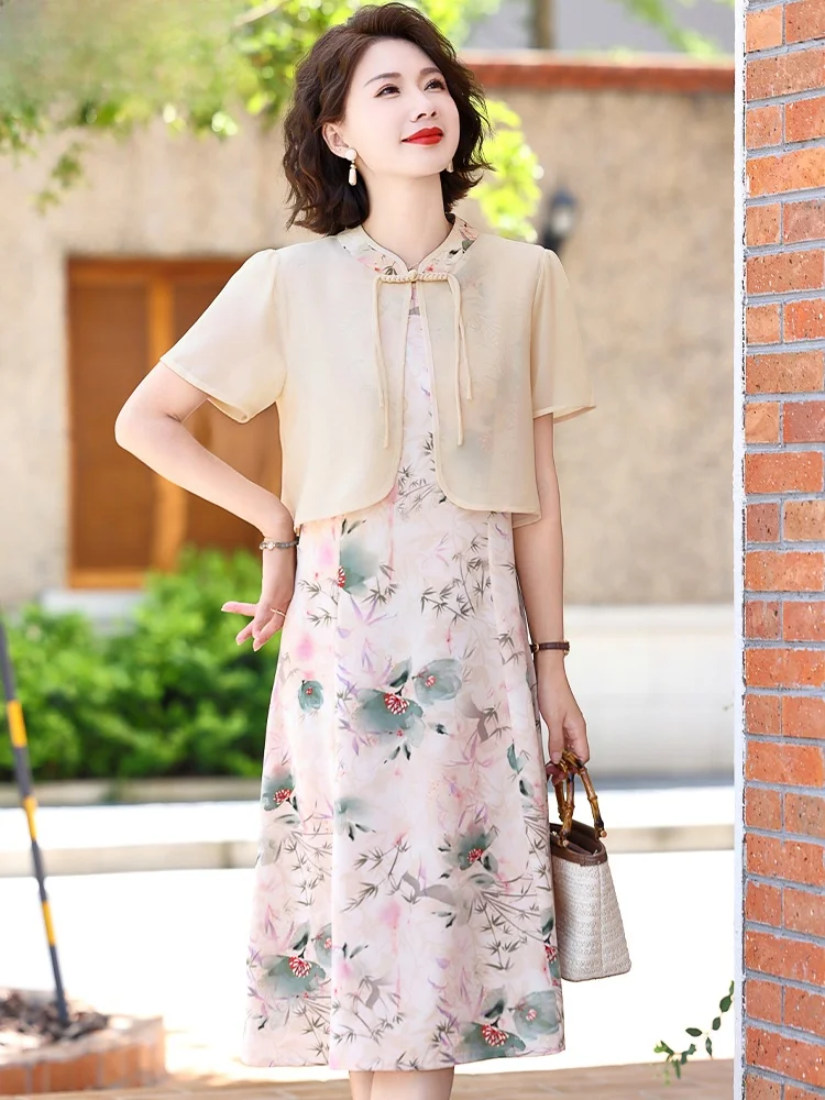 

New Chinese Sle Summer Outfit Set Midi Dr for Mom Middle-Aged Women ort Sve Chiffon Dr Faionable Loose Fit V-Ne