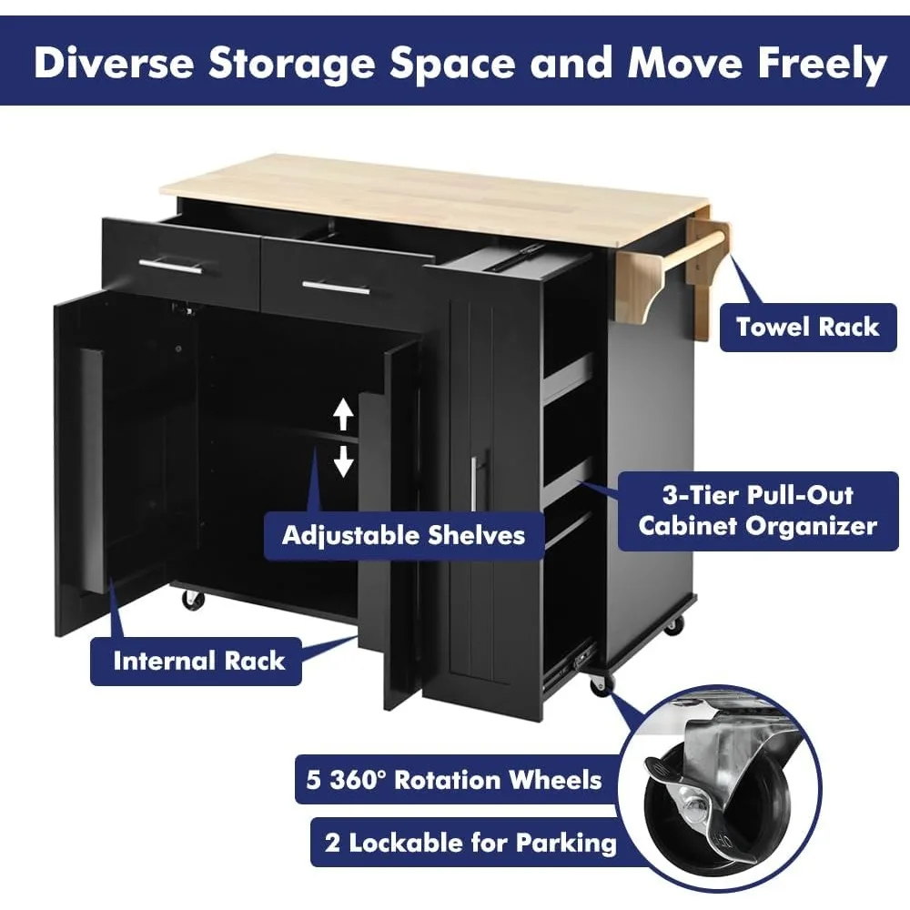 Kitchen Island, with Storage Cabinet and Drawers, Island Table for Kitchen with Towel and Spice Rack, Kitchen Cart