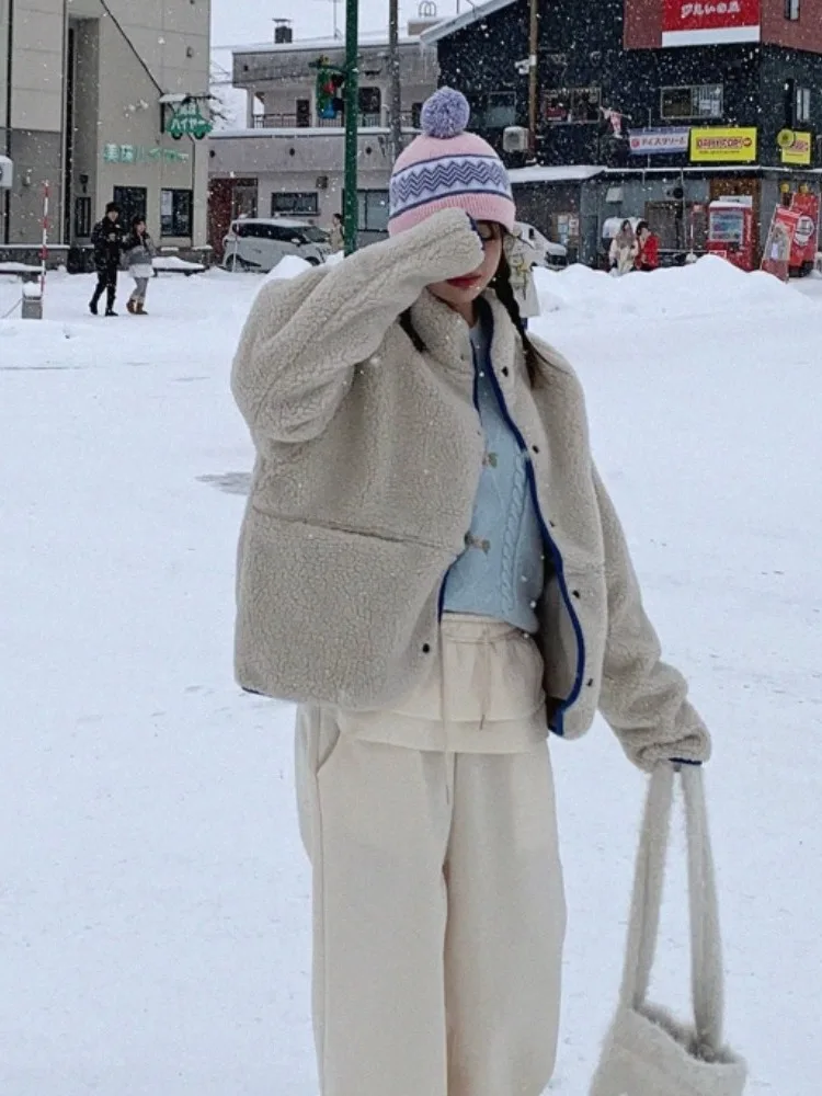 شتاء جديد لطيف متعدد الاستخدامات لون فرو الضأن بلو جايت المرأة شيك Aosphere الإحساس ort قمة الكورية Sle فضفاضة تناسب #4