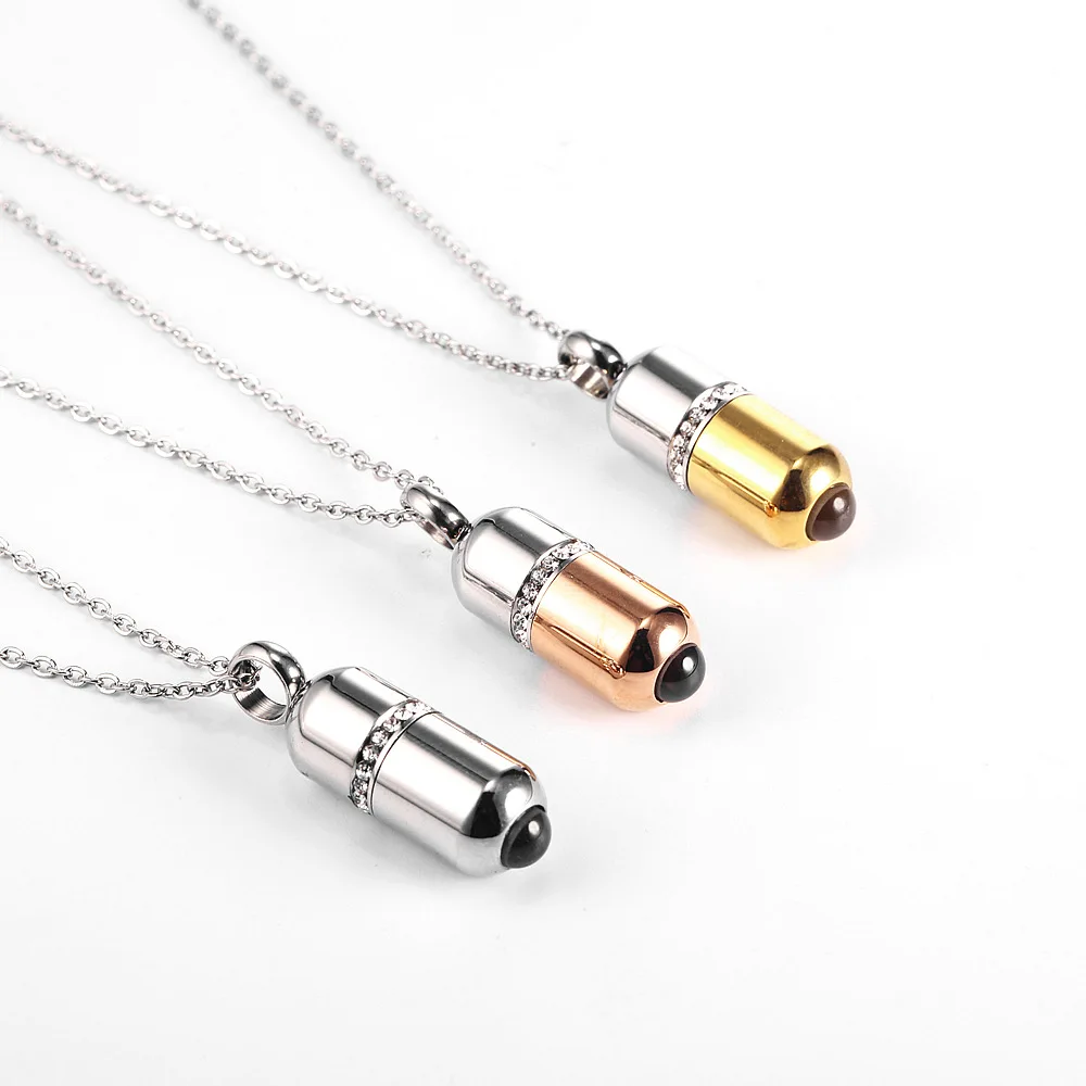 Stainless Steel Cremation Zircon Stone Pill Capsule Necklace Perfume Bottle Pendant Pet Ashes Keepsake Waterproof Gift